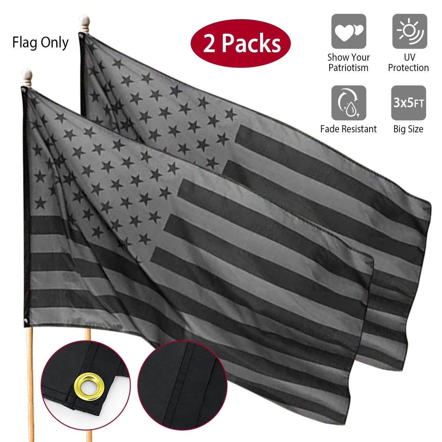 2er-Pack: 3x5 Fuß komplett schwarze amerikanische Flagge
