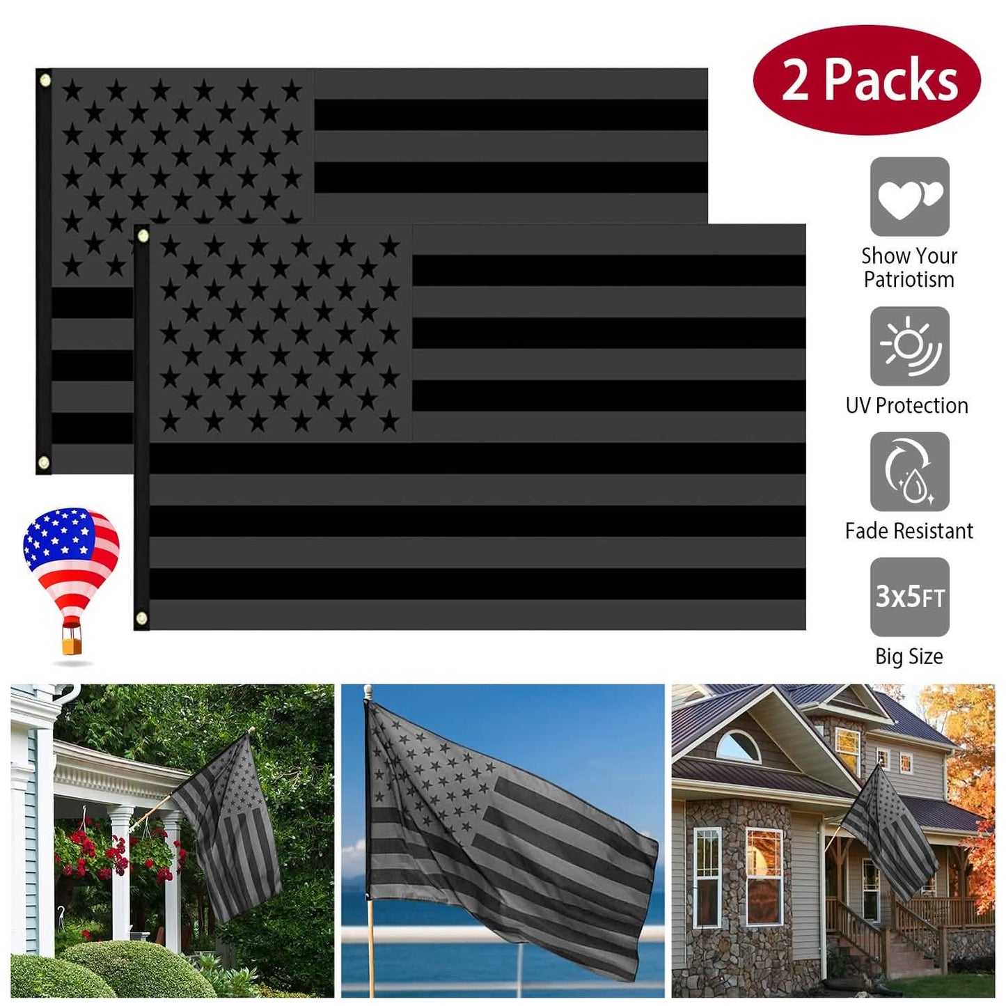 2er-Pack: 3x5 Fuß komplett schwarze amerikanische Flagge