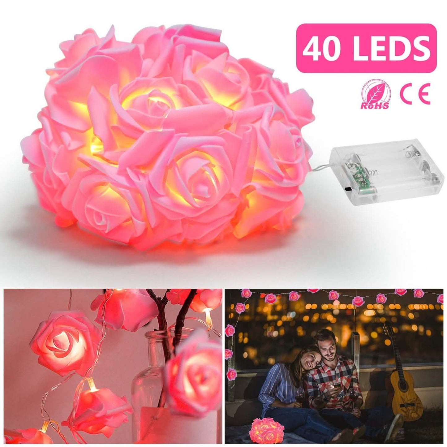 2er-Pack: Lichterkette mit 40 Rosenblüten-LEDs