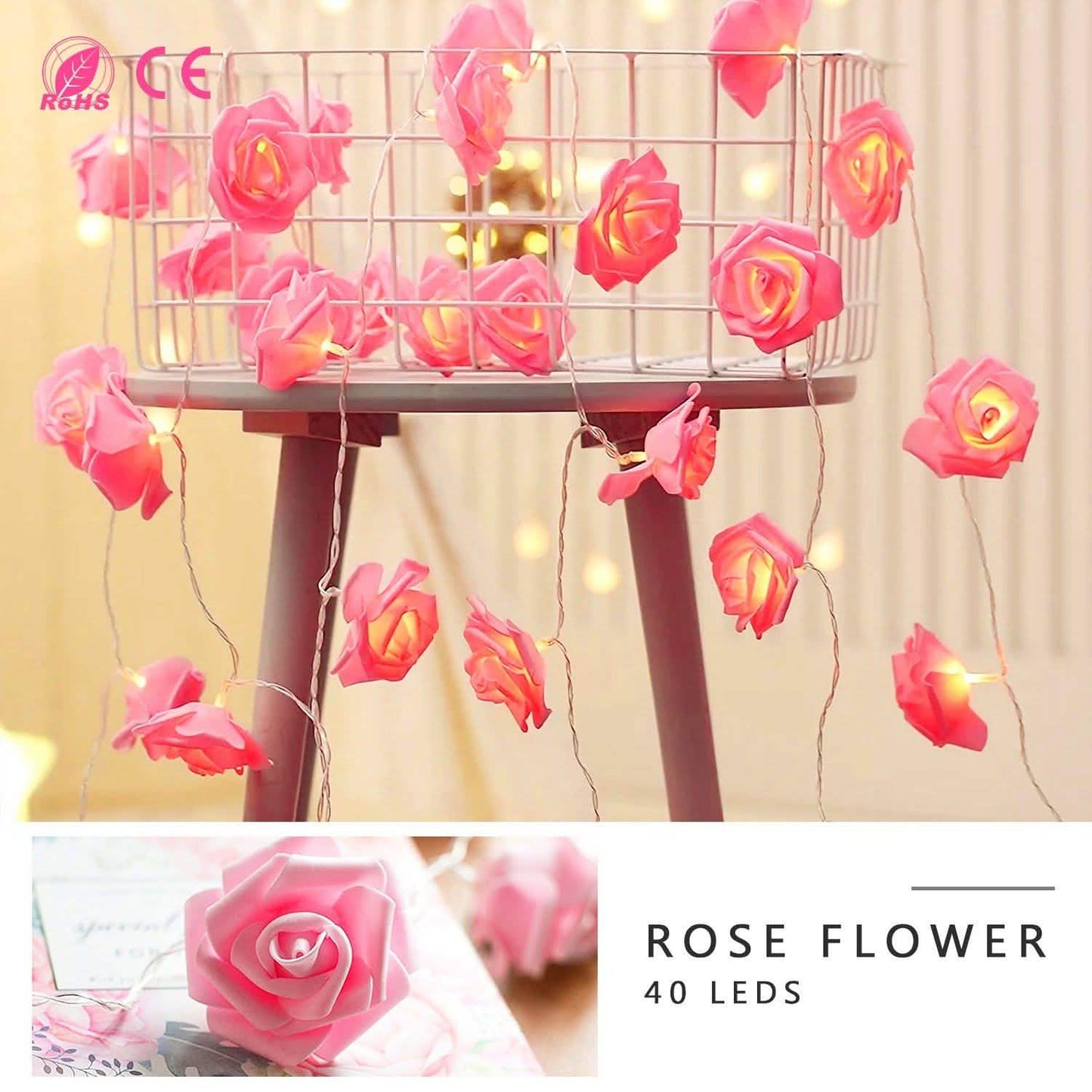 2er-Pack: Lichterkette mit 40 Rosenblüten-LEDs
