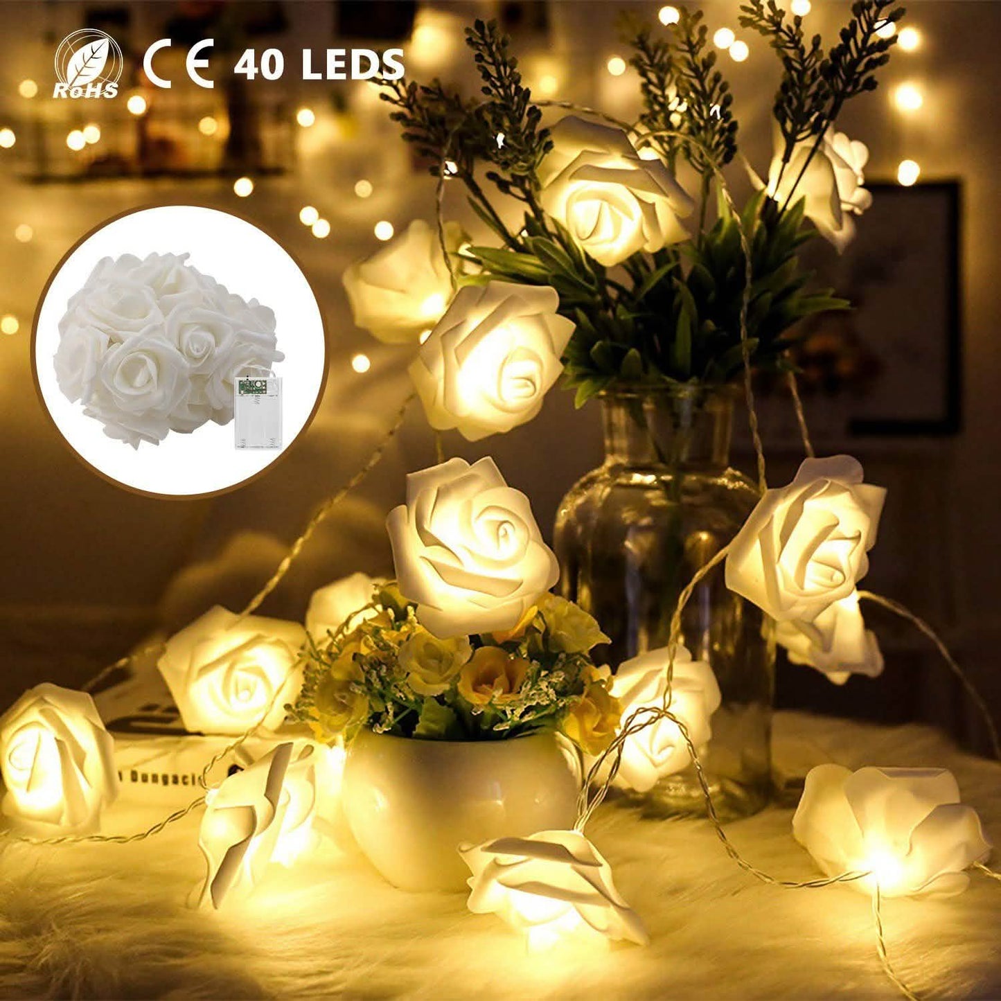 2er-Pack: Lichterkette mit 40 Rosenblüten-LEDs