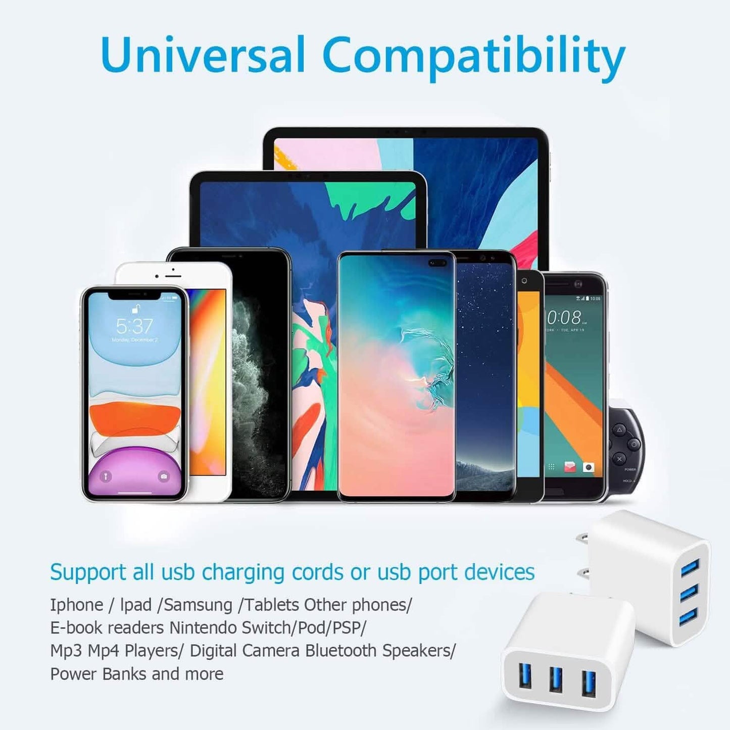 2er-Pack: Kompakte 3-Port-USB-Ladegerät-Adapter mit Quick Charge