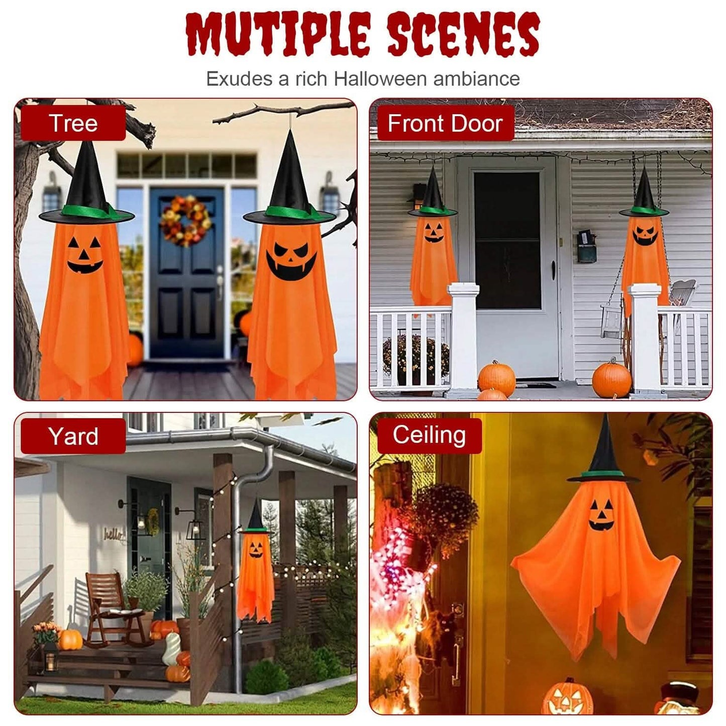 2er-Pack: Hängende Geister mit Hexenhut, gruseligem Grinsegesicht