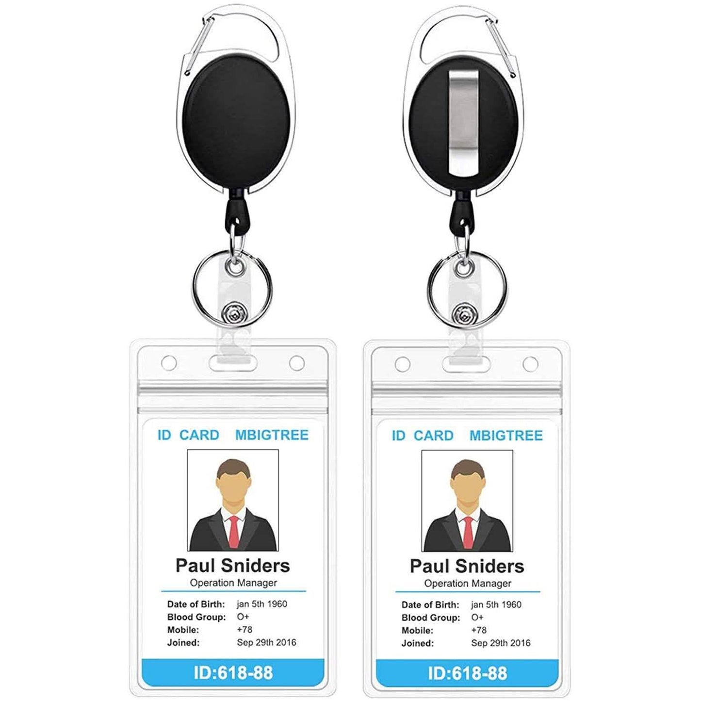 2er-Pack: Robuste, einziehbare Ausweishalter mit Karabiner-Rollclip und transparenten Ausweishüllen im Hochformat