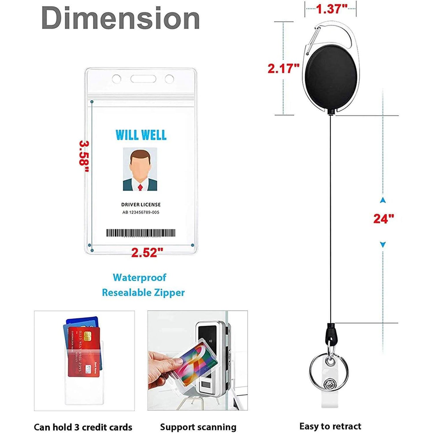 2er-Pack: Robuste, einziehbare Ausweishalter mit Karabiner-Rollclip und transparenten Ausweishüllen im Hochformat