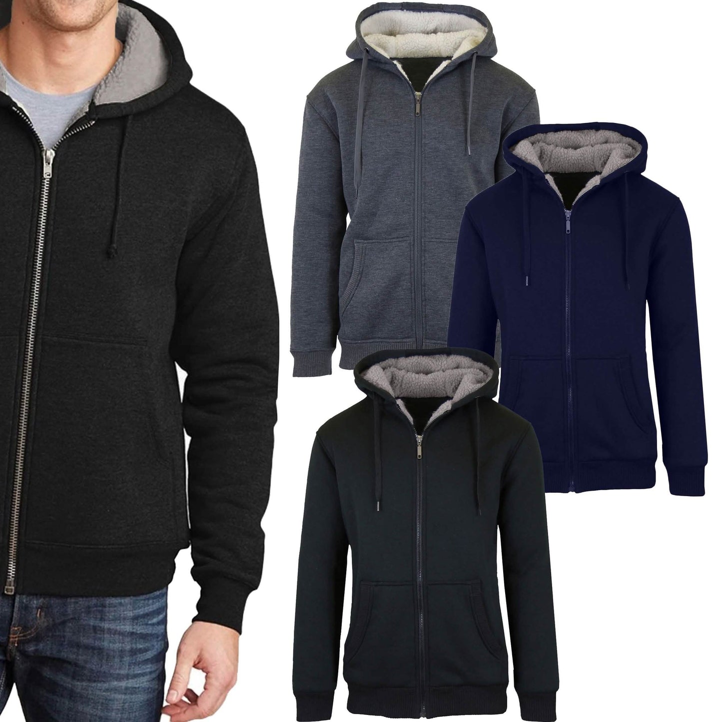 2er-Pack: Herren Kapuzenpullover mit Sherpa-Futter und Reißverschluss