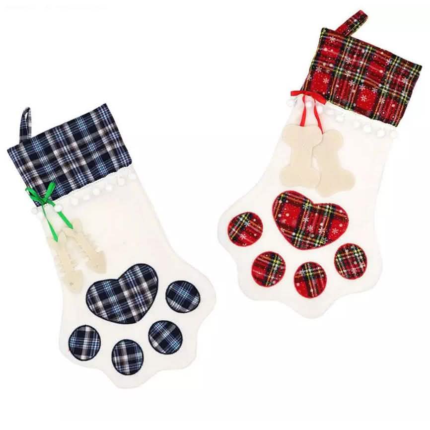 2er-Pack: Karierte Weihnachts-Haustier Socken mit Pfotenmotiv zum Aufhängen für Hunde und Katzen