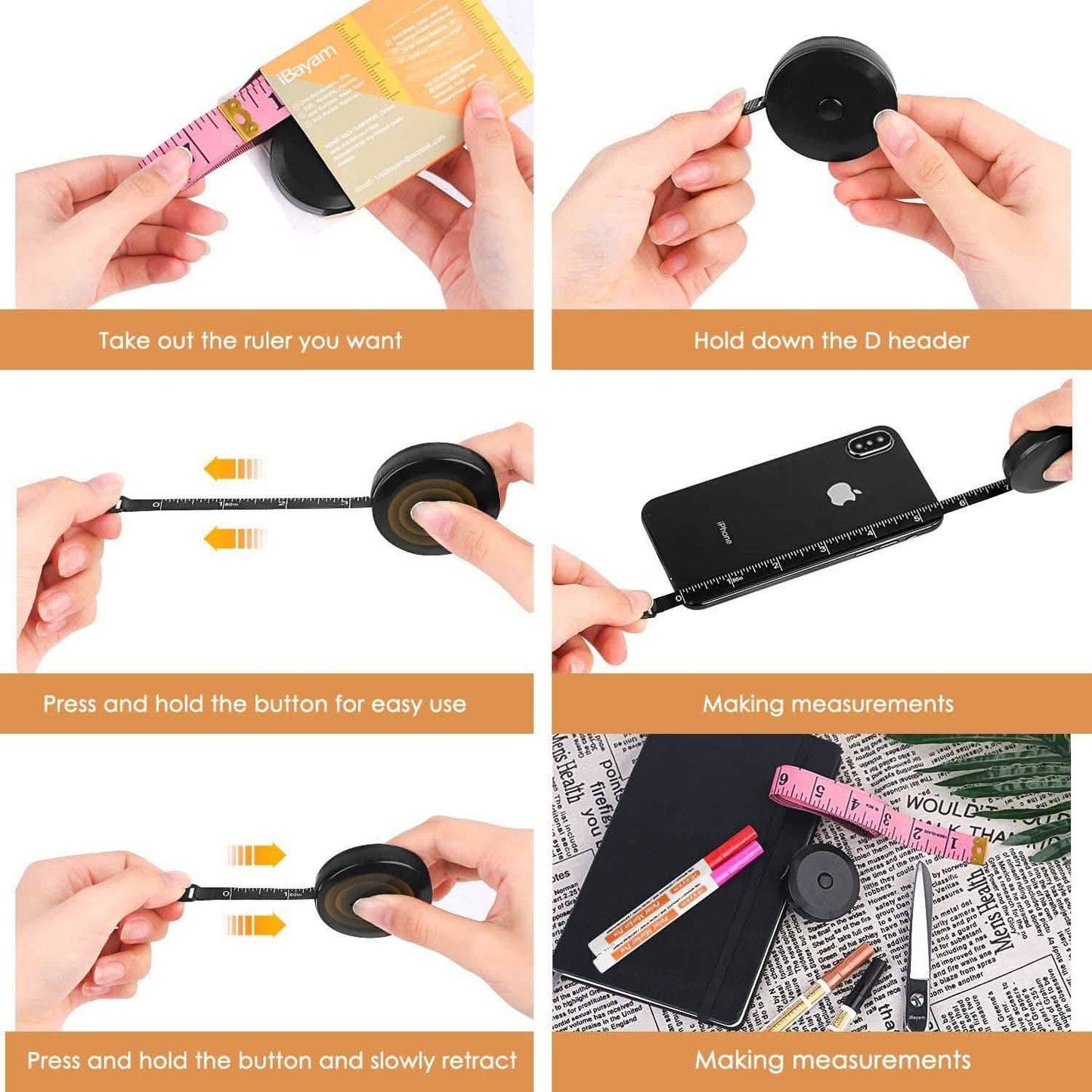 2er-Pack: Weiches, modisches Rosa und einziehbares schwarzes Maßband-Set