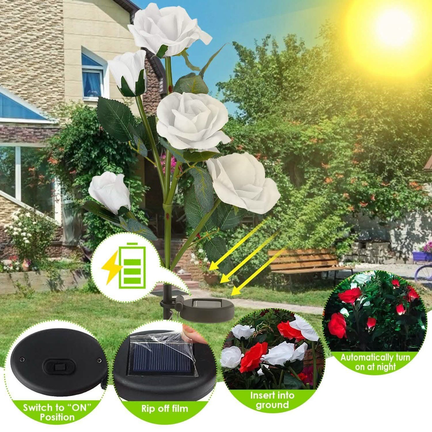 2er-Pack: Solarbetriebene Rosenblüten-LED-Dekoleuchte