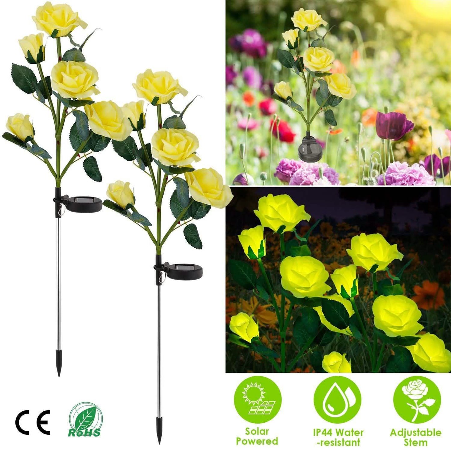 2er-Pack: Solarbetriebene Rosenblüten-LED-Dekoleuchte