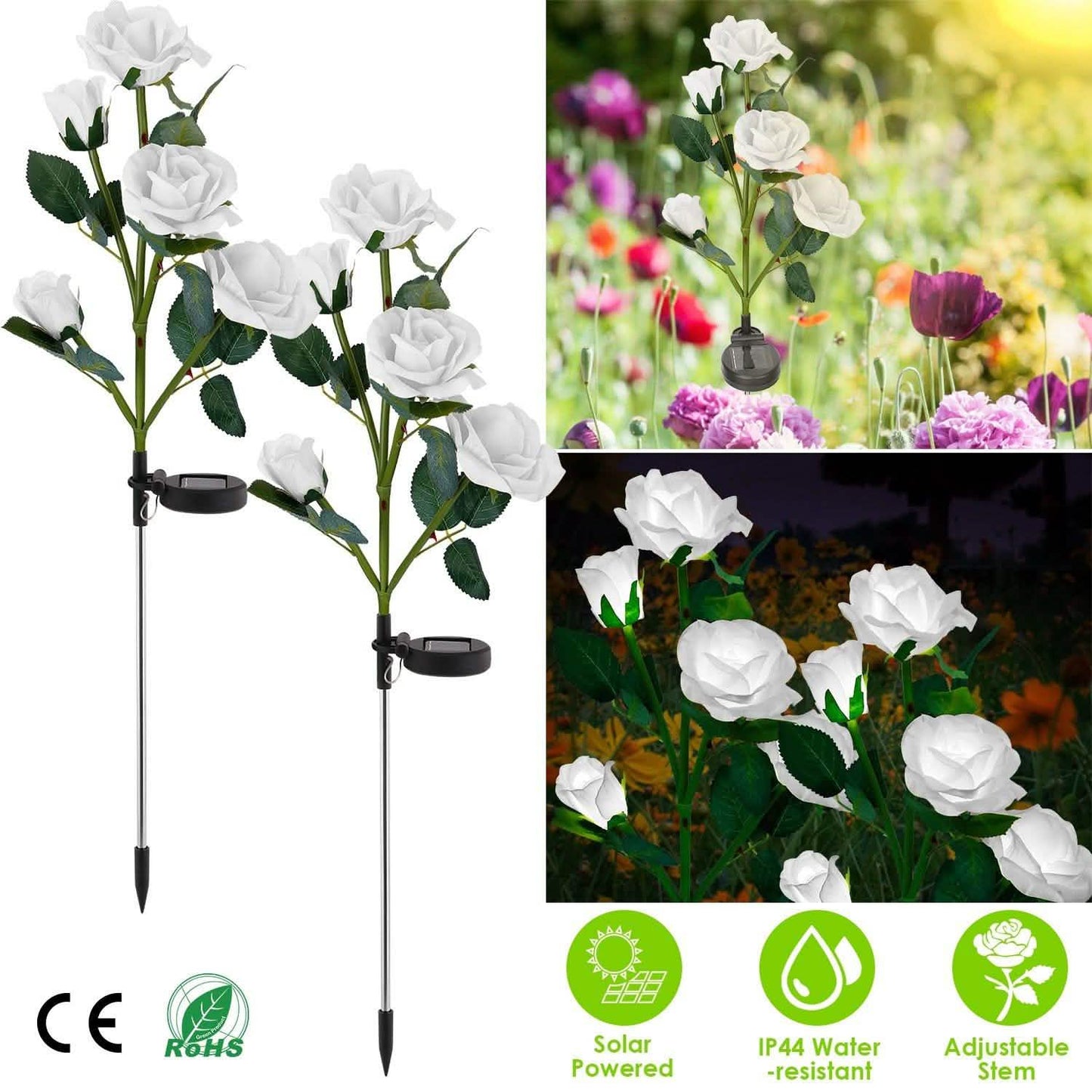 2er-Pack: Solarbetriebene Rosenblüten-LED-Dekoleuchte