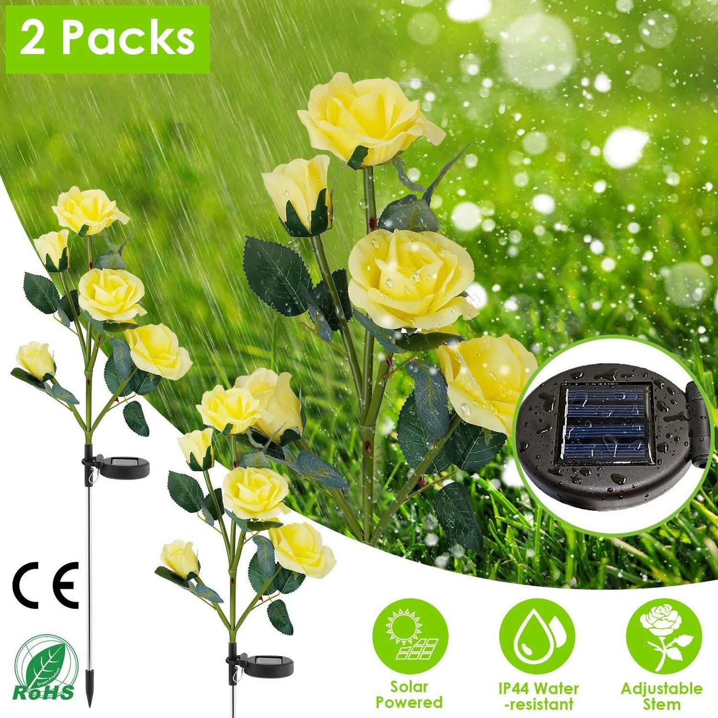2er-Pack: Solarbetriebene Rosenblüten-LED-Dekoleuchte