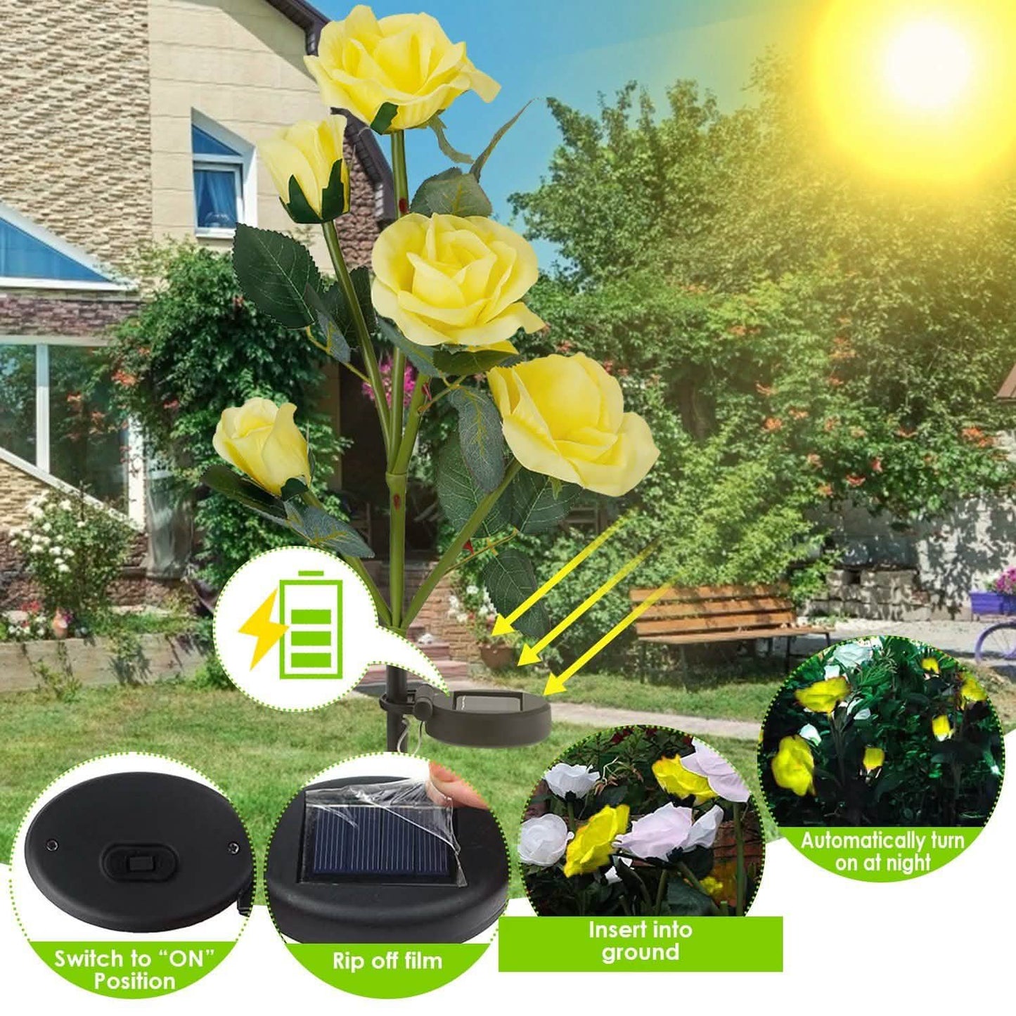 2er-Pack: Solarbetriebene Rosenblüten-LED-Dekoleuchte