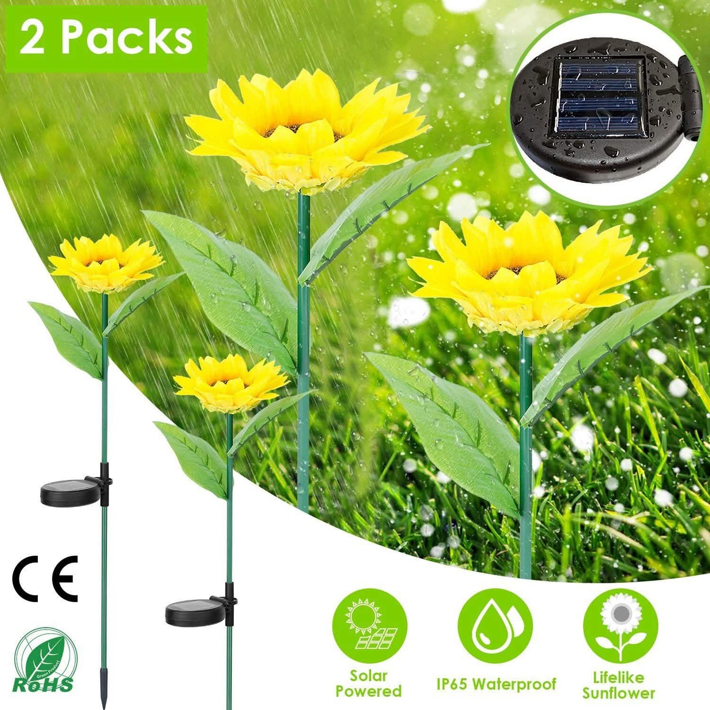 2er-Pack: Solarbetriebene Sonnenblumen-Lichter, LED-Dekorationsleuchte zum Einstecken