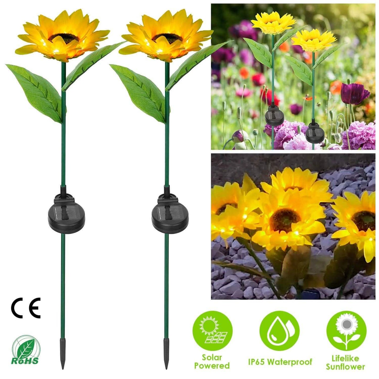 2er-Pack: Solarbetriebene Sonnenblumen-Lichter, LED-Dekorationsleuchte zum Einstecken