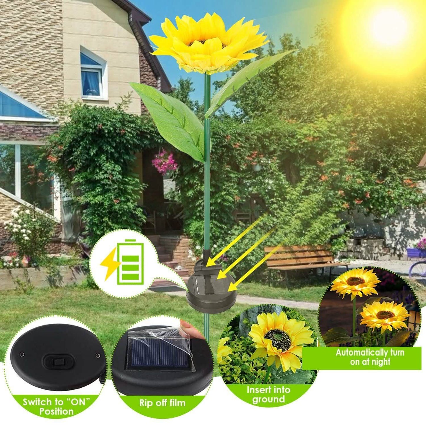 2er-Pack: Solarbetriebene Sonnenblumen-Lichter, LED-Dekorationsleuchte zum Einstecken