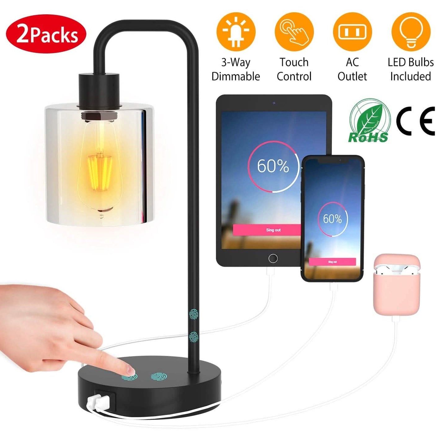 2er-Pack: Tischleuchte mit Touch-Steuerung