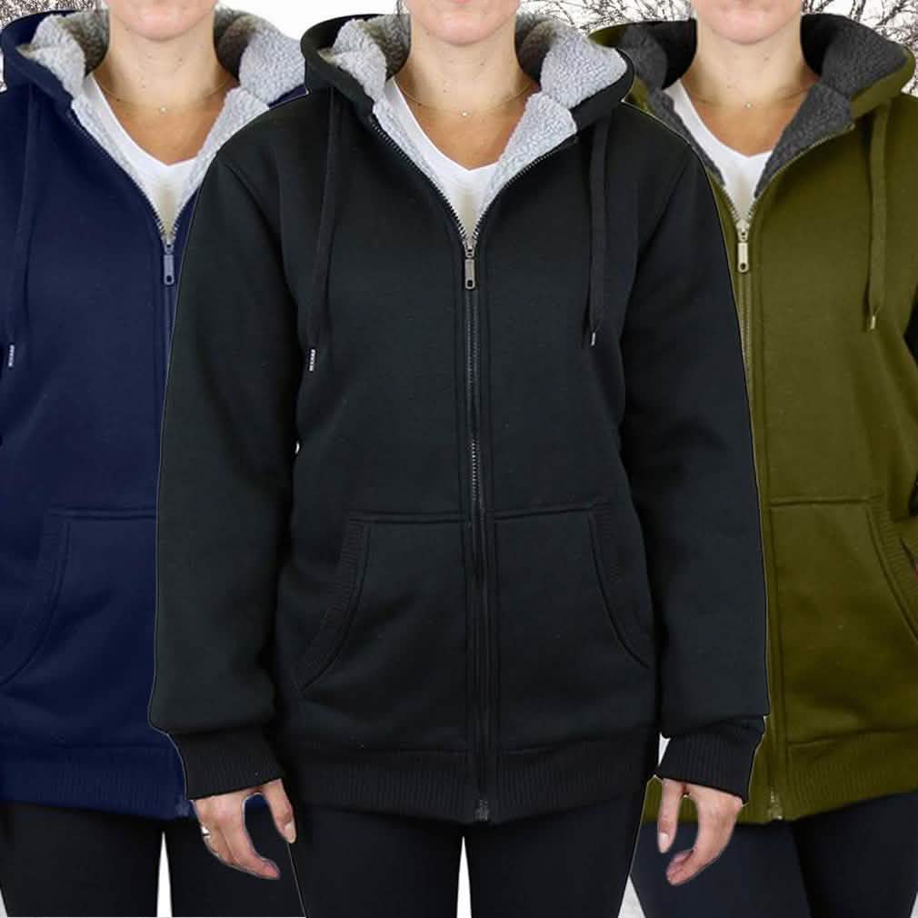 2er-Pack: Damen Heavyweight Loose-Fit Sherpa-Fleece-Gefütterter Kapuzenpullover mit Reißverschluss