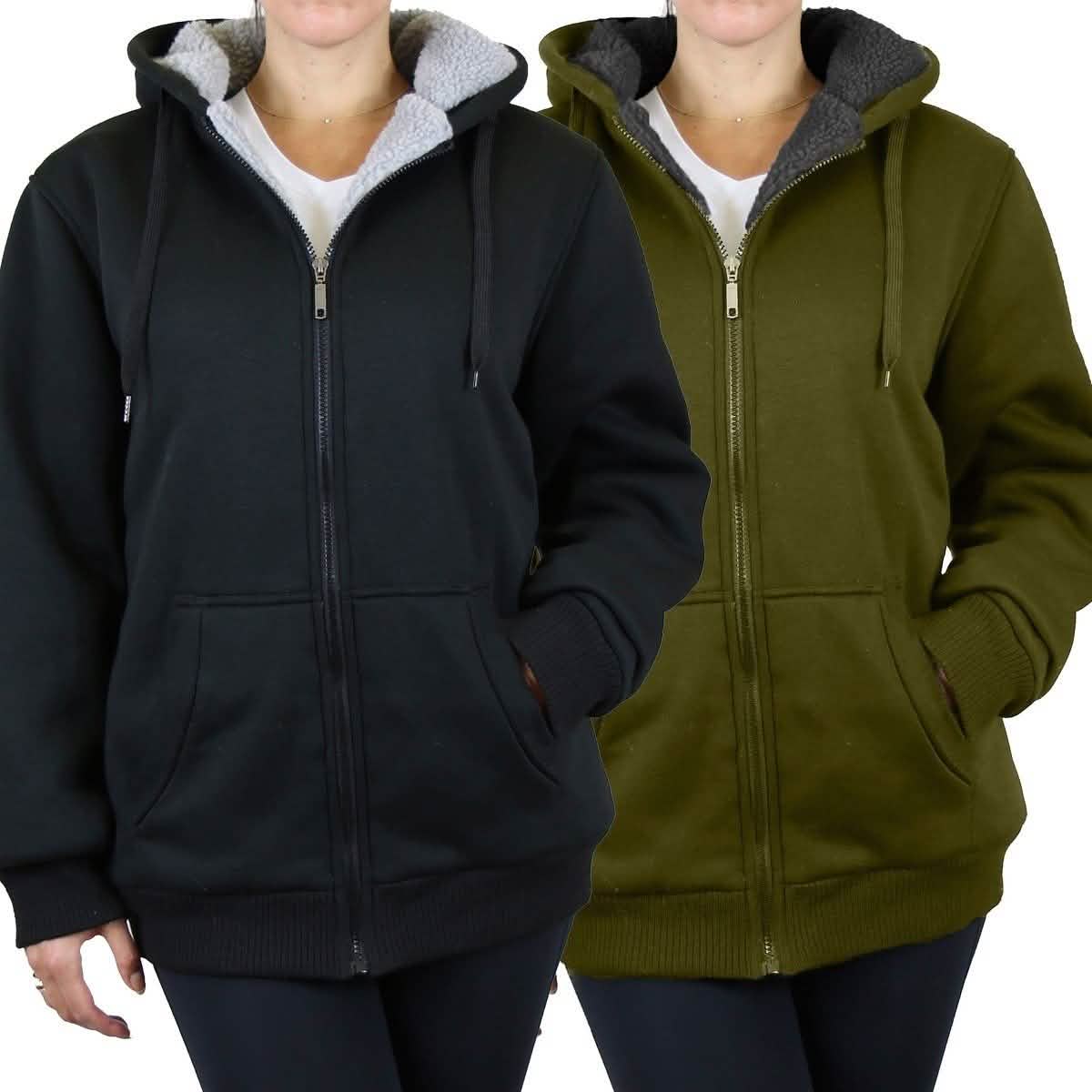 2er-Pack: Damen Heavyweight Loose-Fit Sherpa-Fleece-Gefütterter Kapuzenpullover mit Reißverschluss