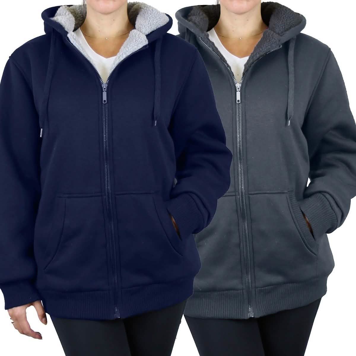 2er-Pack: Damen Heavyweight Loose-Fit Sherpa-Fleece-Gefütterter Kapuzenpullover mit Reißverschluss