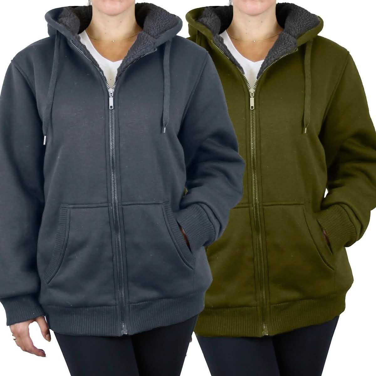 2er-Pack: Damen Heavyweight Loose-Fit Sherpa-Fleece-Gefütterter Kapuzenpullover mit Reißverschluss