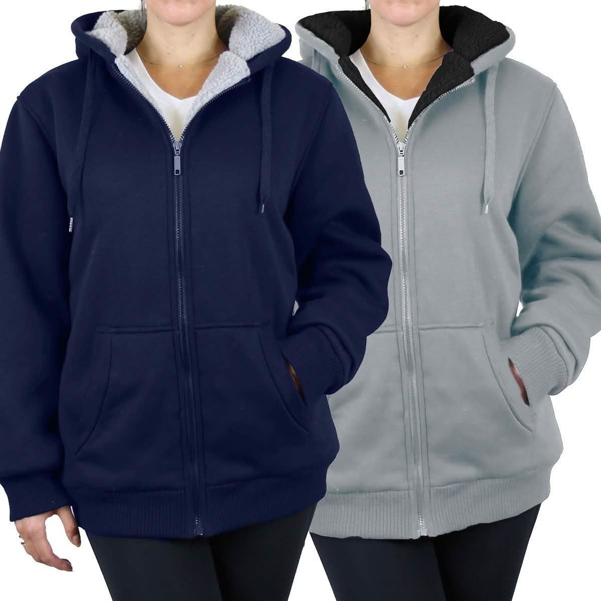 2er-Pack: Damen Heavyweight Loose-Fit Sherpa-Fleece-Gefütterter Kapuzenpullover mit Reißverschluss