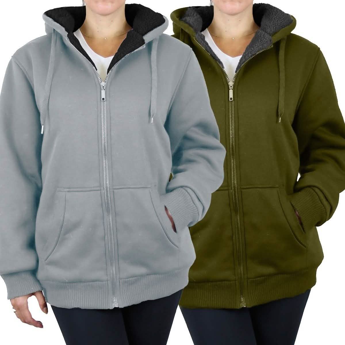 2er-Pack: Damen Heavyweight Loose-Fit Sherpa-Fleece-Gefütterter Kapuzenpullover mit Reißverschluss
