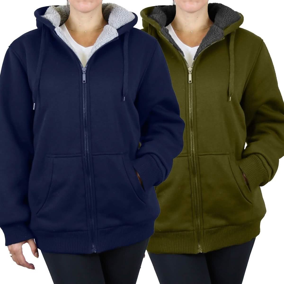 2er-Pack: Damen Heavyweight Loose-Fit Sherpa-Fleece-Gefütterter Kapuzenpullover mit Reißverschluss