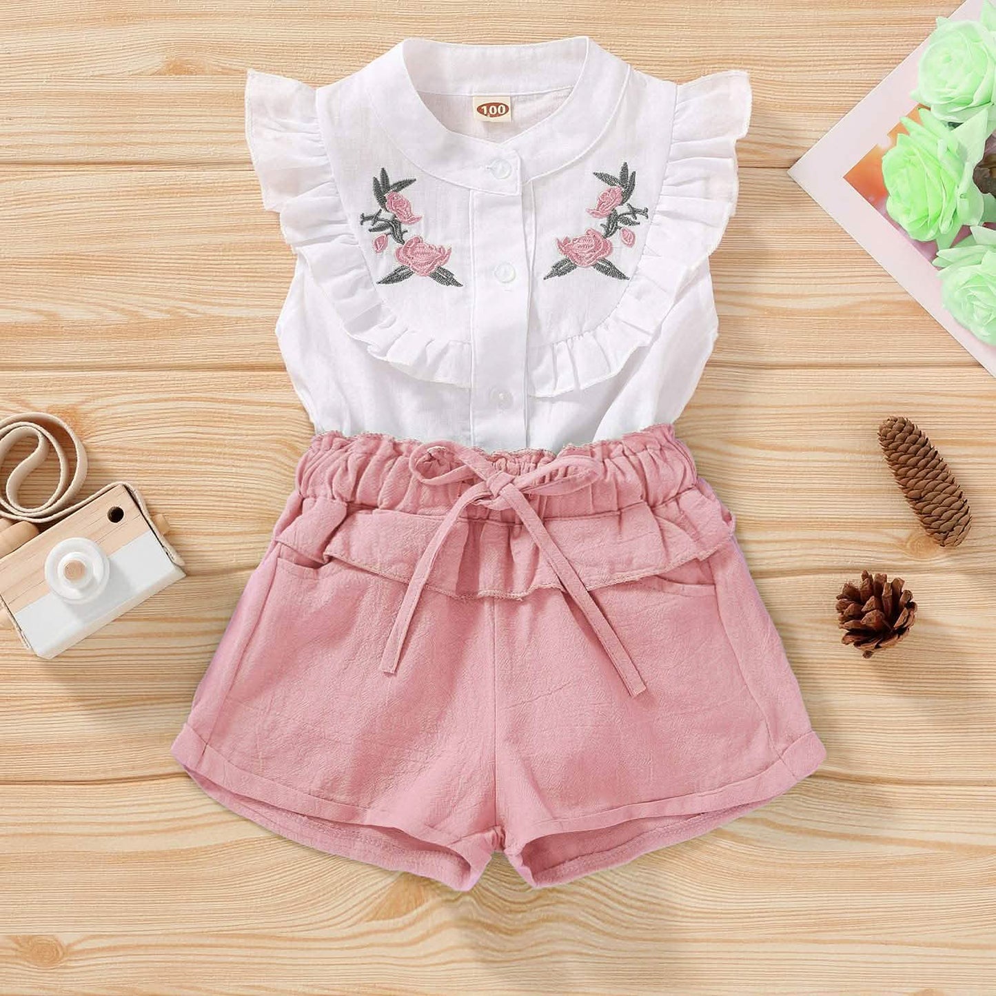 2-teilig: Baby-Mädchen-Outfits Kleidung T-Shirt Weste Tops + Shorts Hosen