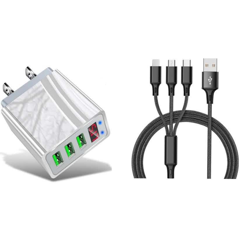 2-teiliges Set: 3-Port LED Display Hochgeschwindigkeits-Wandladegerät Weiß + 3-in-1 Kabel-Kombination