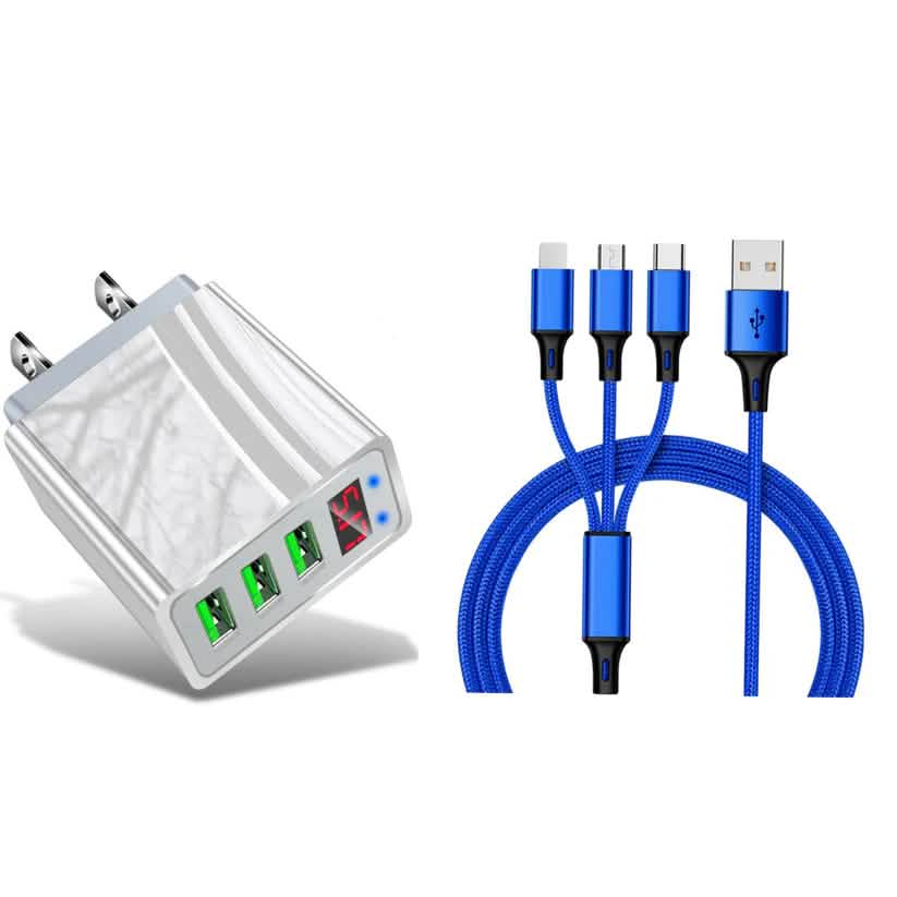 2-teiliges Set: 3-Port LED Display Hochgeschwindigkeits-Wandladegerät Weiß + 3-in-1 Kabel-Kombination