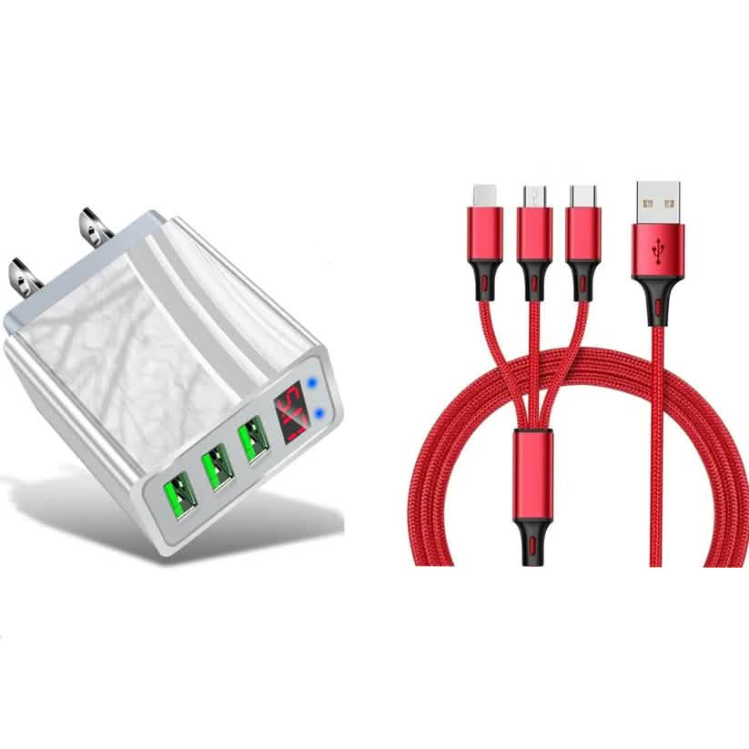 2-teiliges Set: 3-Port LED Display Hochgeschwindigkeits-Wandladegerät Weiß + 3-in-1 Kabel-Kombination
