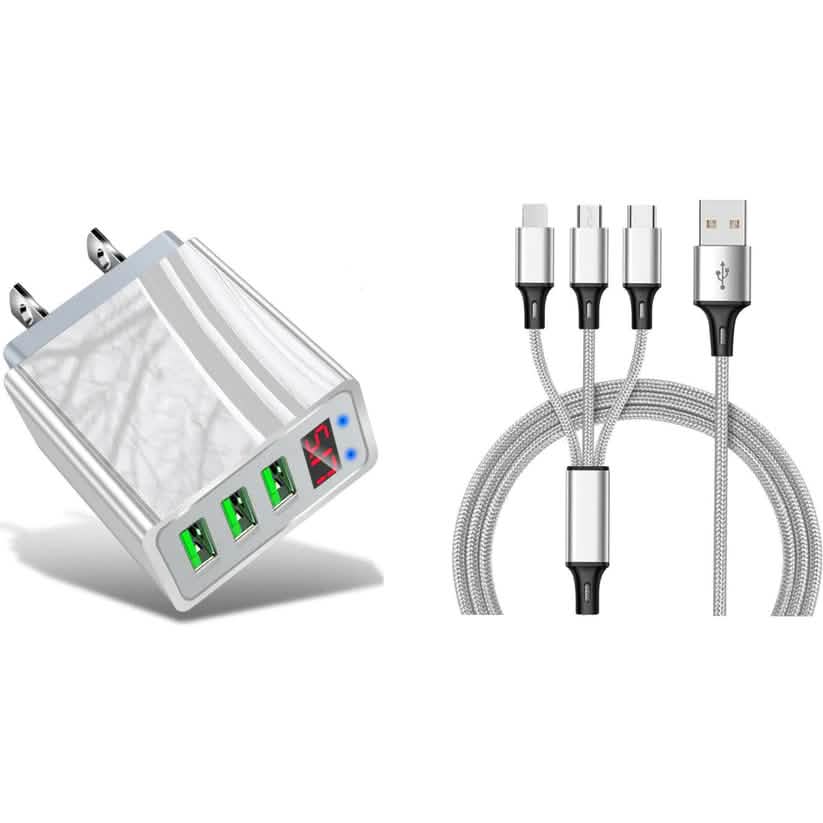 2-teiliges Set: 3-Port LED Display Hochgeschwindigkeits-Wandladegerät Weiß + 3-in-1 Kabel-Kombination