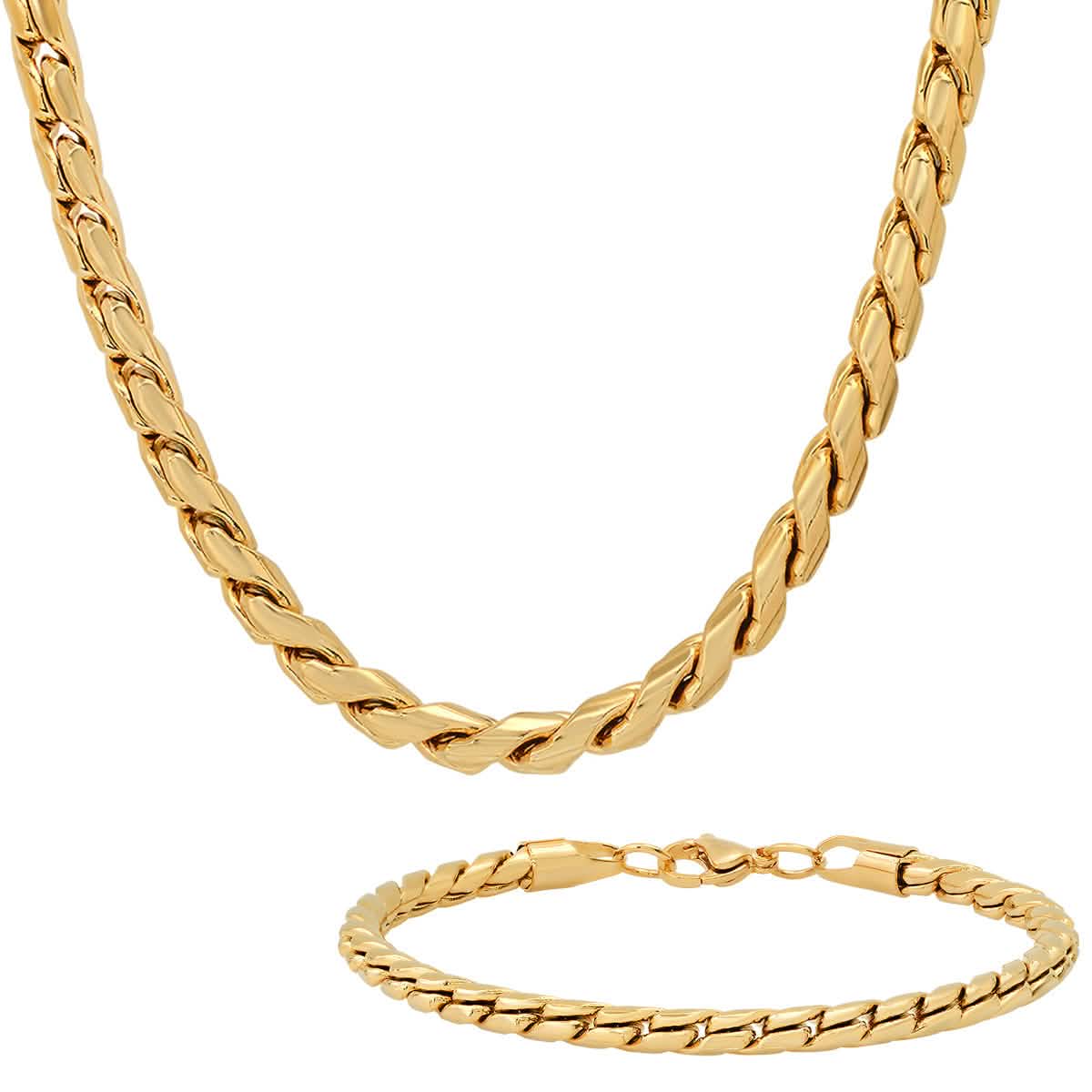 2-teiliges Set: Herren Halskette und Armband aus 18 Karat vergoldetem Edelstahl mit runden, gedrehten, ausgefallenen Gliedern