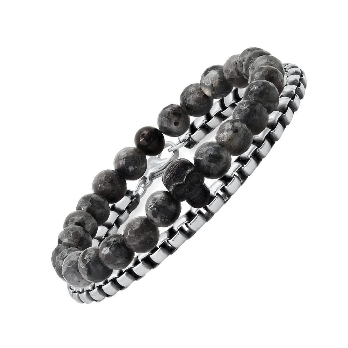 2-teiliges Set: Armband für Herren aus grauen Achatperlen und Totenkopf aus schwarzem IP-Edelstahl sowie Gliederkettenarmband