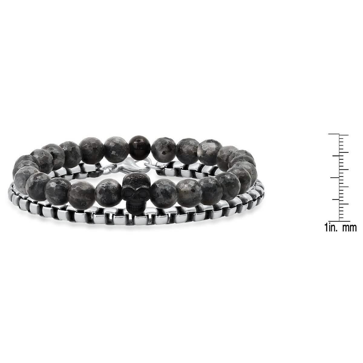 2-teiliges Set: Armband für Herren aus grauen Achatperlen und Totenkopf aus schwarzem IP-Edelstahl sowie Gliederkettenarmband