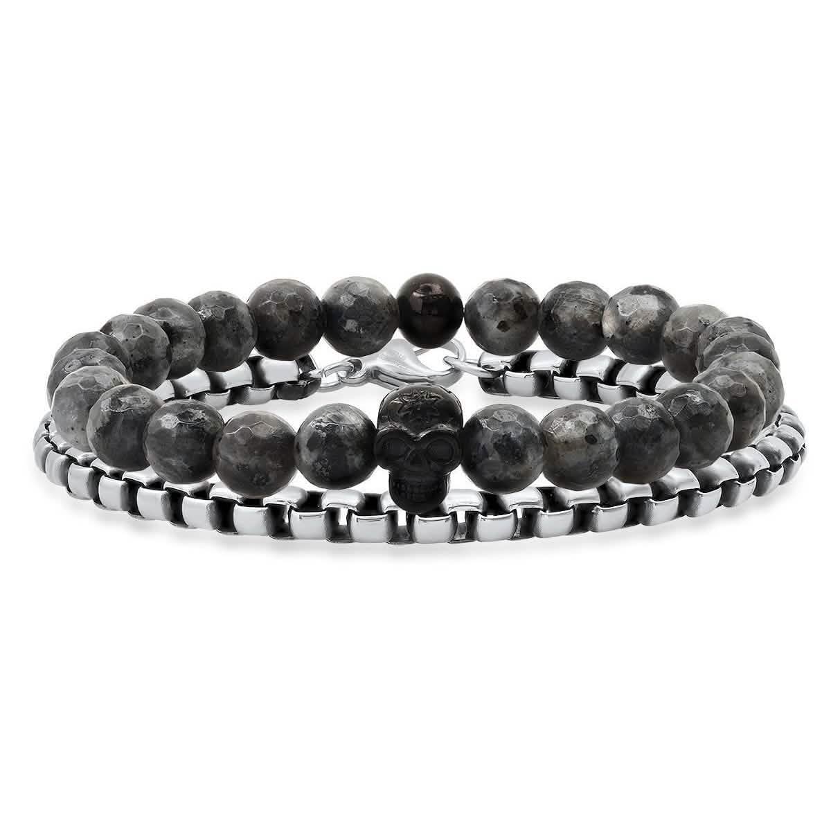2-teiliges Set: Armband für Herren aus grauen Achatperlen und Totenkopf aus schwarzem IP-Edelstahl sowie Gliederkettenarmband