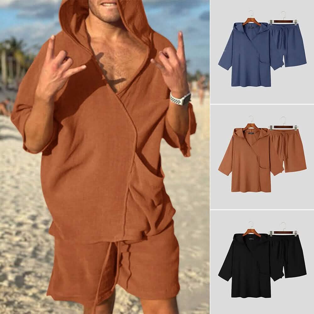 2-teiliges Set: Herren-Kapuzen-Trainingsanzug, Tennis-Shirt, Shorts und T-Shirt-Set, unifarben