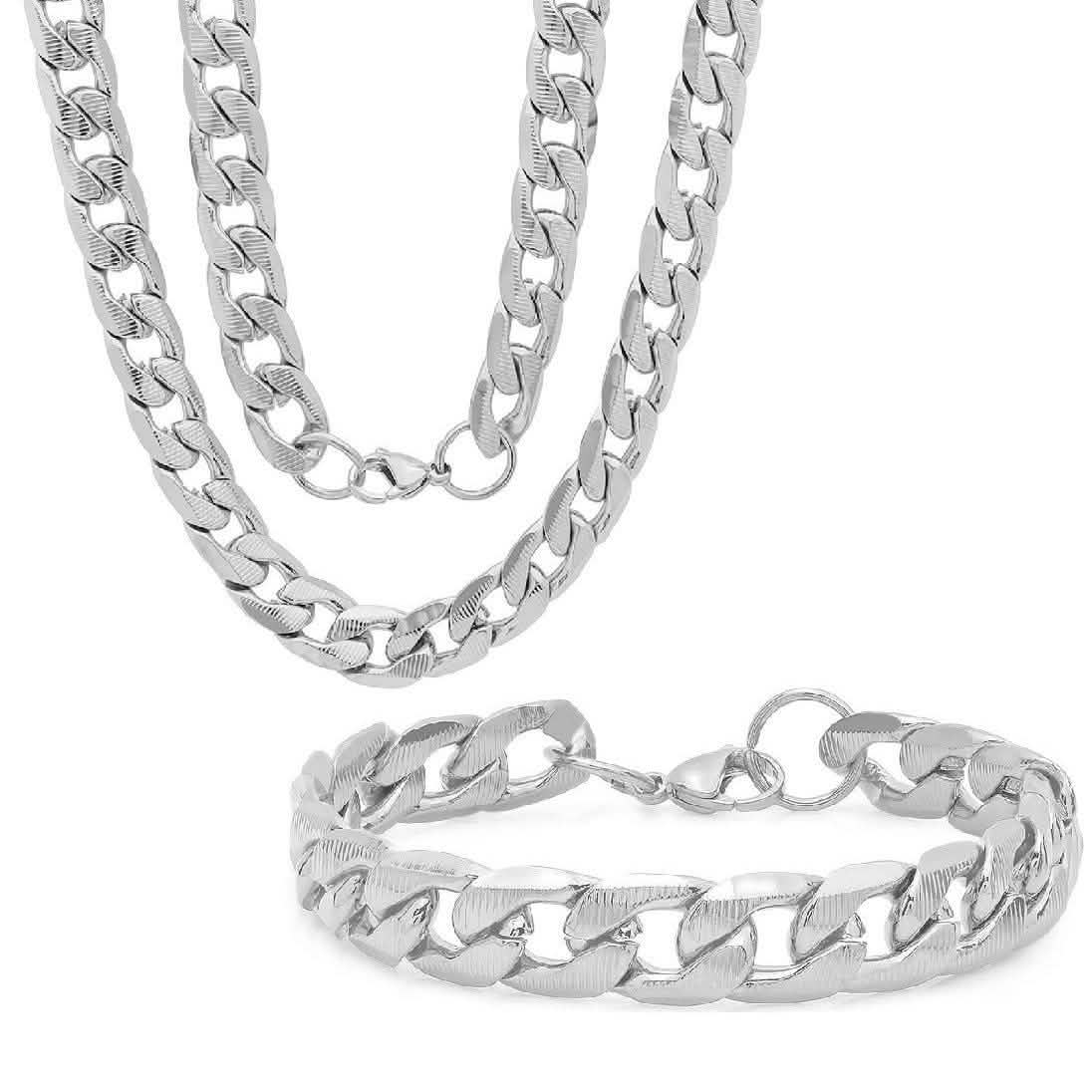 2-teiliges Set: Edelstahl-Halskette mit kubanischer Gliederkette für Herren, 61 cm, und Armband, 21,6 cm