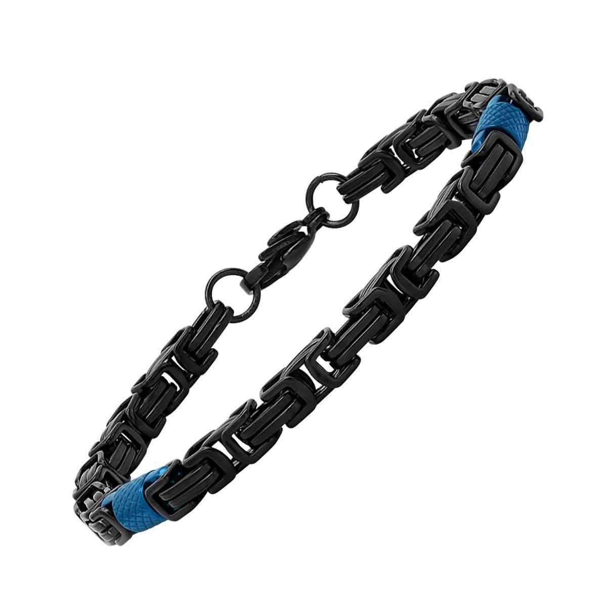 2-teiliges Set: Zweifarbige byzantinische Herrenkette und Armband in Schwarz und Blau