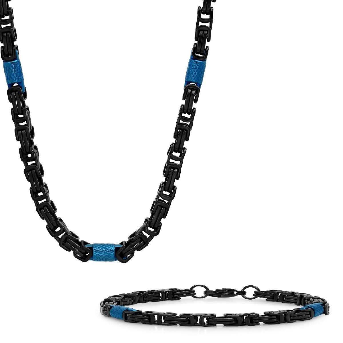 2-teiliges Set: Zweifarbige byzantinische Herrenkette und Armband in Schwarz und Blau