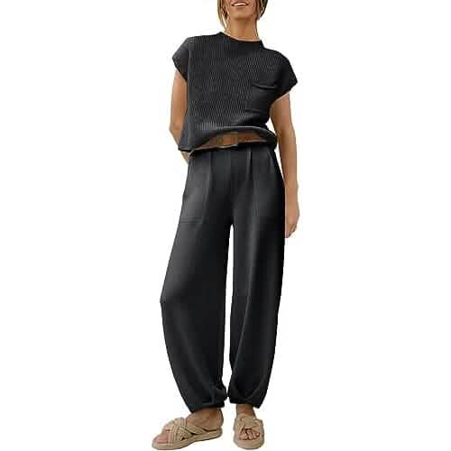 2-teiliges Set: Damen Strickpullover Oberteile und High-Waist Hose Trainingsanzug Loungewear Sets