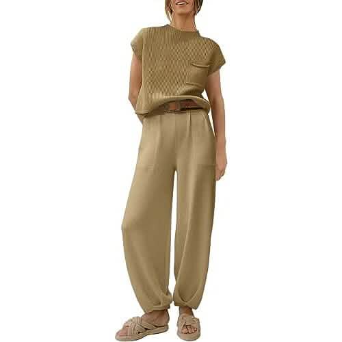 2-teiliges Set: Damen Strickpullover Oberteile und High-Waist Hose Trainingsanzug Loungewear Sets