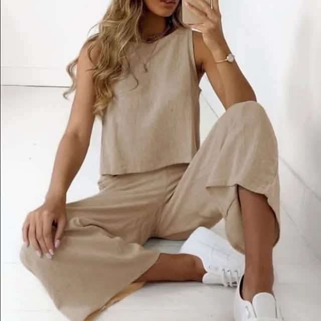 2-teiliges Set: Damen-Tanktop-Hosen-Set in Unifarben