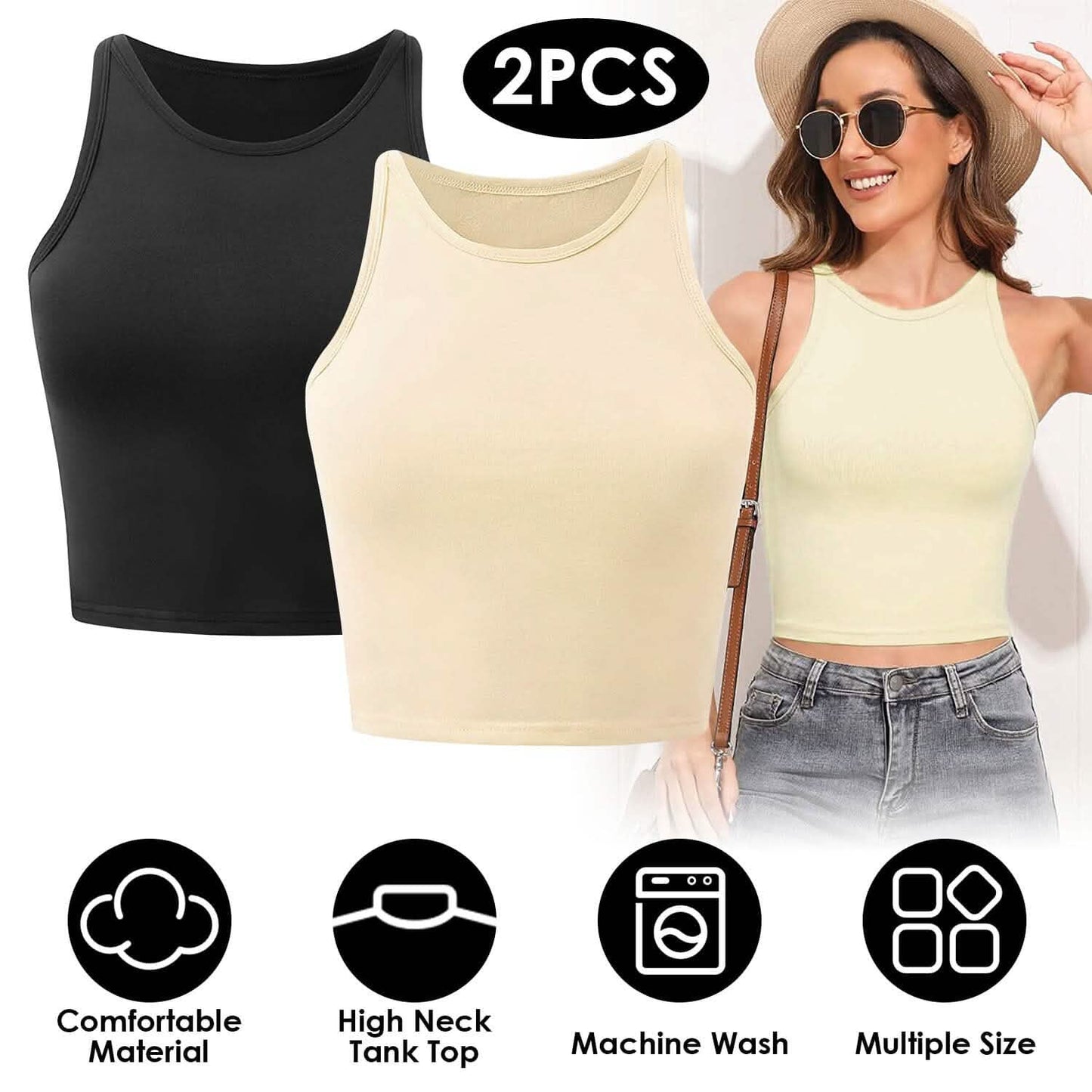 2-teilig: Damen ärmelloses bauchfreies Tanktop mit hohem Halsausschnitt
