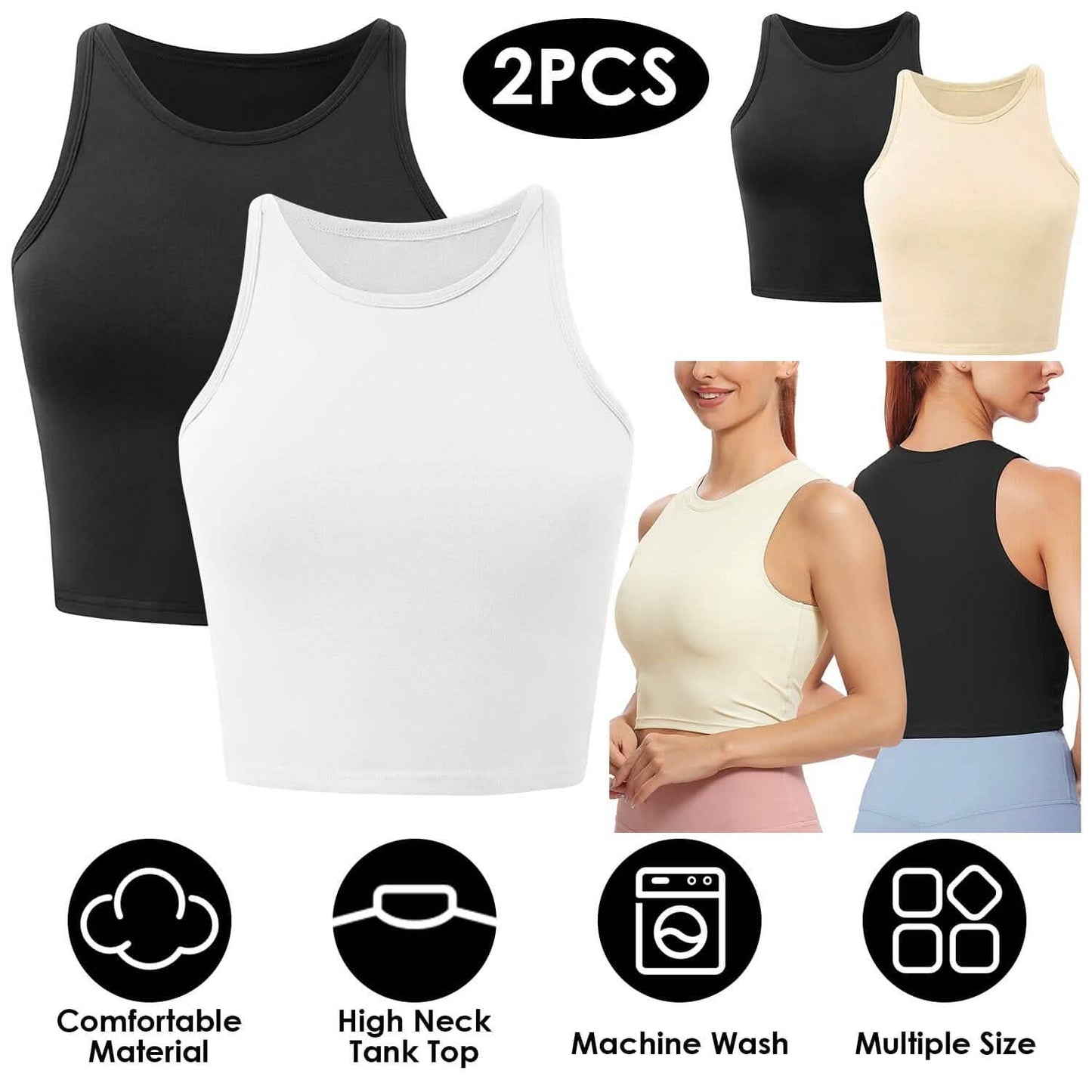 2-teilig: Damen ärmelloses bauchfreies Tanktop mit hohem Halsausschnitt