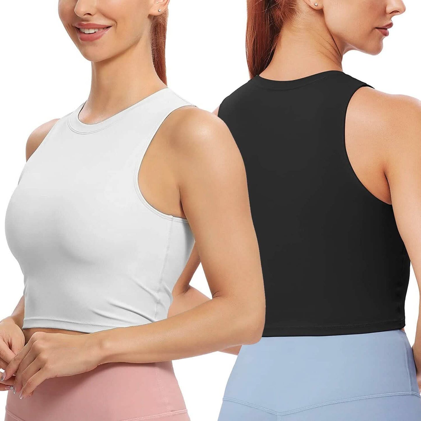 2-teilig: Damen ärmelloses bauchfreies Tanktop mit hohem Halsausschnitt