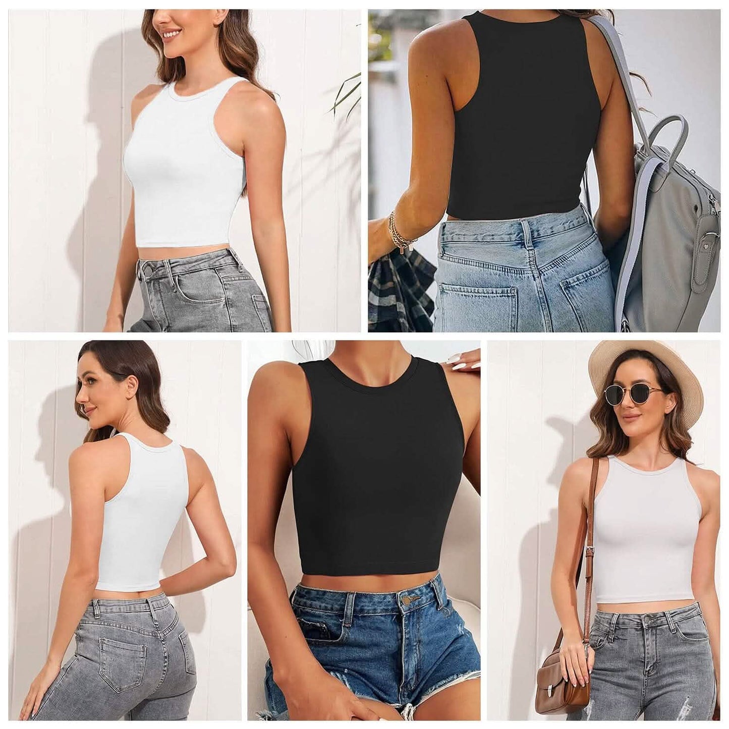 2-teilig: Damen ärmelloses bauchfreies Tanktop mit hohem Halsausschnitt