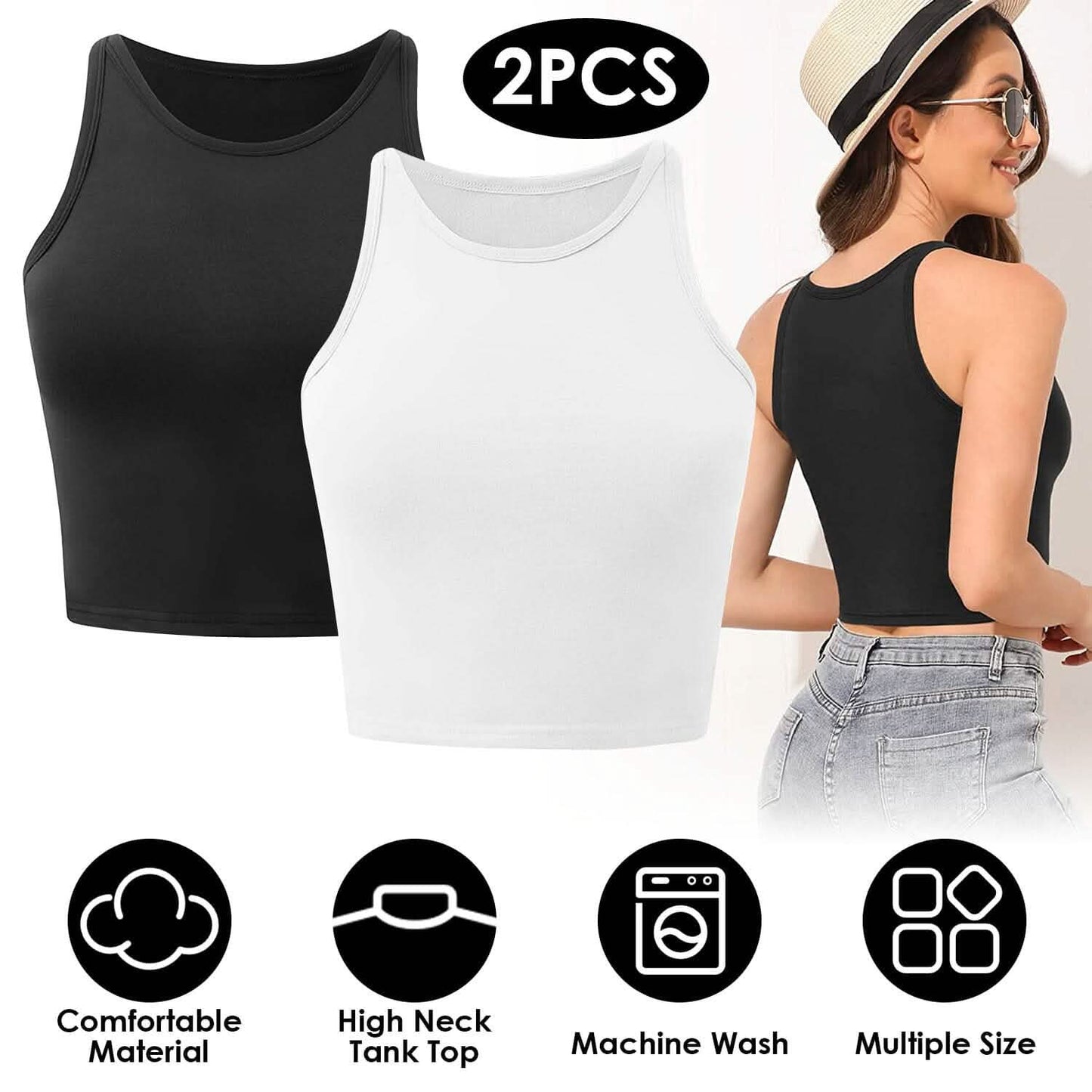2-teilig: Damen ärmelloses bauchfreies Tanktop mit hohem Halsausschnitt