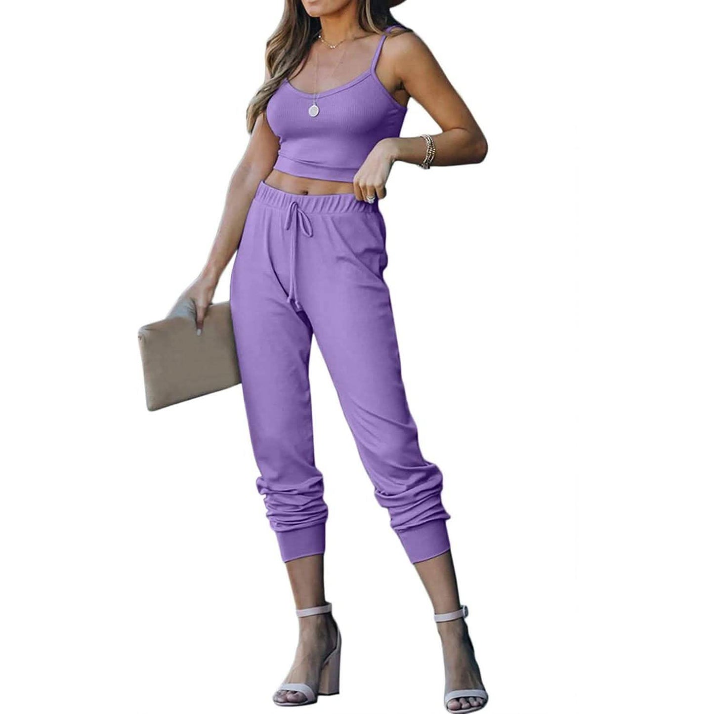2-teilig: Damen Freizeit-Outfit Geripptes Spaghettiträger-Top Knöchellange Jogger-Sets